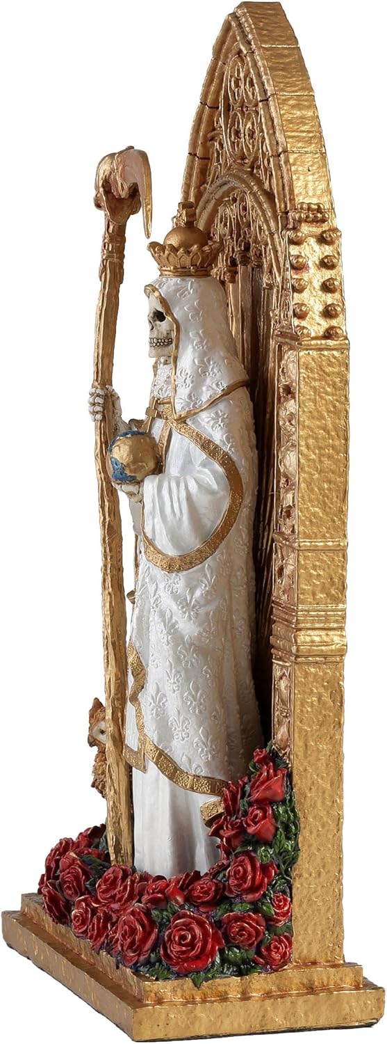 Veronese Design 9 3/8 Inch Regal Santa Muerte Dia De Los Muertos Golden Arch Hand Painted Resin Sculpture White Reaper Statue - Image 5