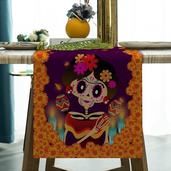 Sugar Skull Table Runner Mexico Dia De Los Muertos Marigold Coco Rustic Linen Day of The Dead Altar Decoration for Home Kitchen Dining Room -13x72 inch - Image 2