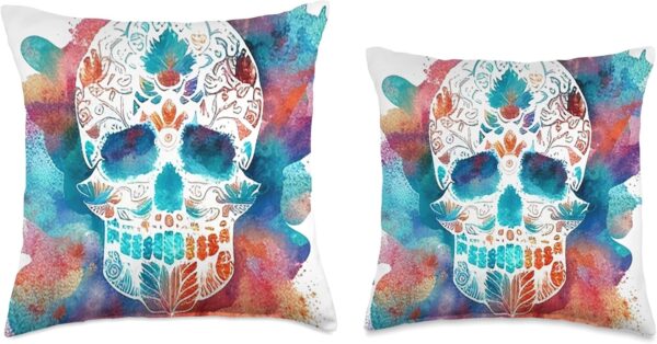 Watercolor Skull in Rainbow Clouds Dia De Los Muertos Art Throw Pillow, 18x18, Multicolor - Image 3
