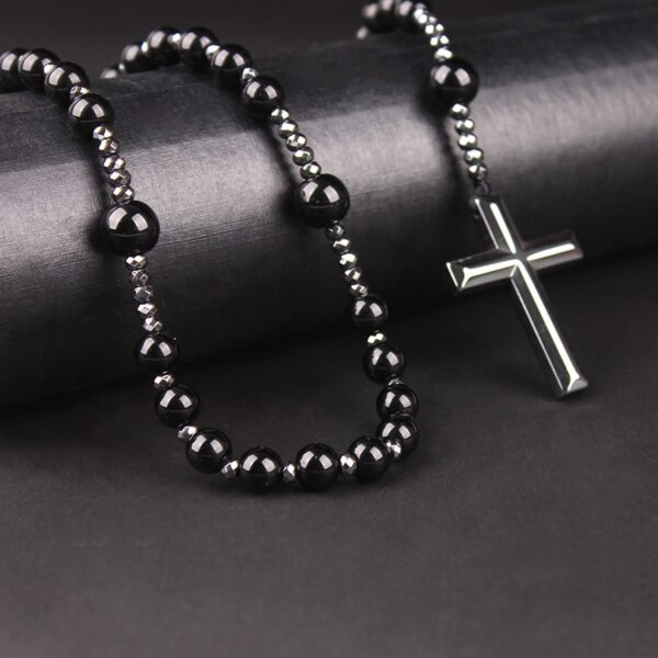 Tiger Eye Cross Necklace Black Obsidian and Hematite Christ Rosary Healing Crystal Necklaces with Cross Pendant Men Necklace Meditation Jewelry (Matte Black) - Image 7