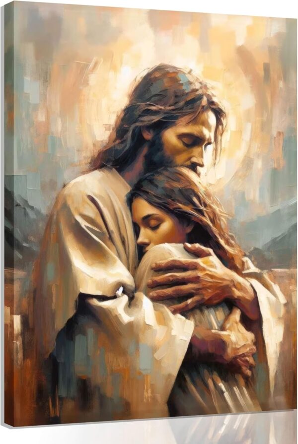 Jesus Embracing Woman Wall Art Safe Haven Poster Jesus Canvas Prints Christian Spiritual Painting Bible Art Pictures Jesus and Girl Wall Decor for Bedroom Living Room Dining Room Church Framed