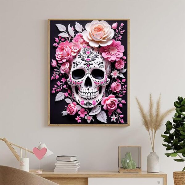 PUAGEMTI Pink Flower Sugar Skull Diamond Painting, Day of The Dead 5D Sparkling Diamond Painting Kit for Adults Beginners Home Wall Decor DIY Gift Drill Round Art Gems 12x16 Inch - Image 2