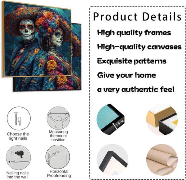 Canvas Wall Art-Day of The Dead Couple, Day of the Dead Canvas Print, Skeleton Couple Canvas Wall Art, Mexican Dia De Los Muertos, Day of the Dead Couple Poster Prints, Home Wall Decor (Gold Framed, 36"x36"|91x91cm) - Image 5