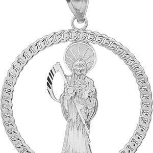 .925 Sterling Silver Santa Muerte Round Rope Frame 1” Pendant - Choose Pendant Only or Necklace with 16”-22” Chain