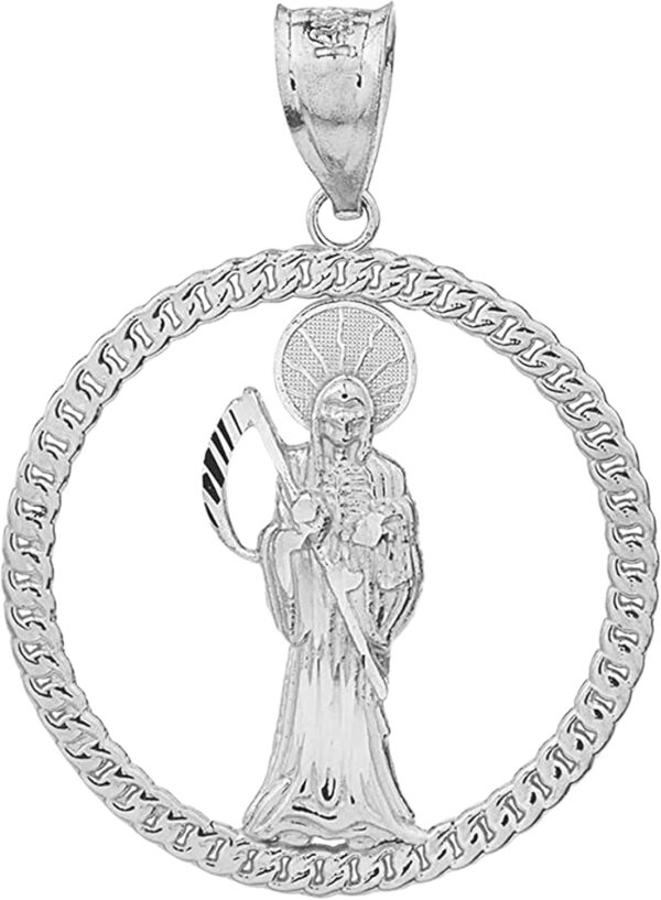 .925 Sterling Silver Santa Muerte Round Rope Frame 1” Pendant - Choose Pendant Only or Necklace with 16”-22” Chain
