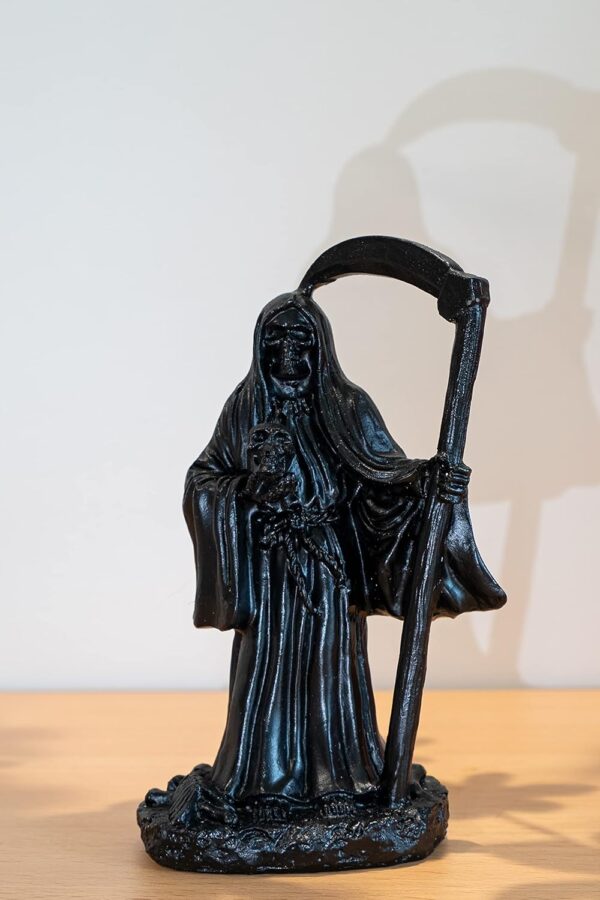 EASCHEER 5.3" Holy Death Santa Muerte Holding Scythe in Black Tunic Robe Statue, Grim Reaper Statue，Altar Sculpture, Standing Religious Decorative Figurine - Image 4