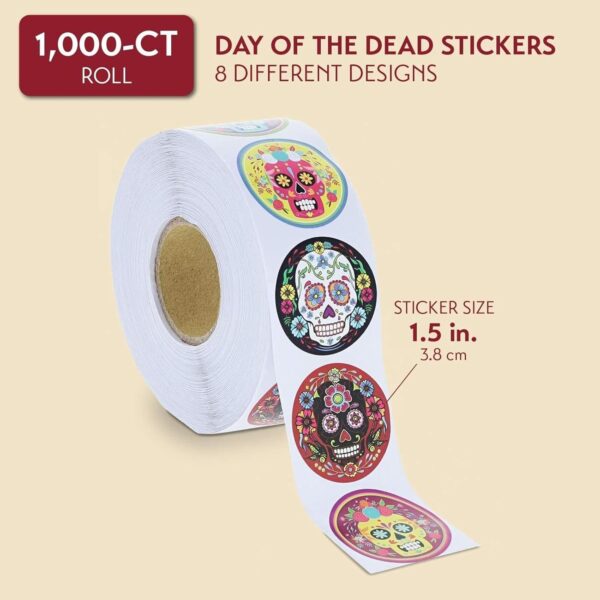 Juvale 1000 Pcs Dia de Los Muertos Skull Sticker Roll, 8 Vibrant Calavera Designs, 1.5 in, Dia de Muertos Stickers for Halloween Candy Bags, Party Favors, Decorations, Day of The Dead Decor - Image 4