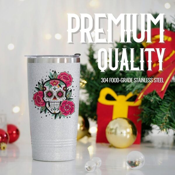 Onebttl Sugar Skull Gifts for Women, Day of the Dead, 20 oz Travel Tumbler with Lid, Brush, and Straw, Mexican Gifts, Silver Glitter - Image 6