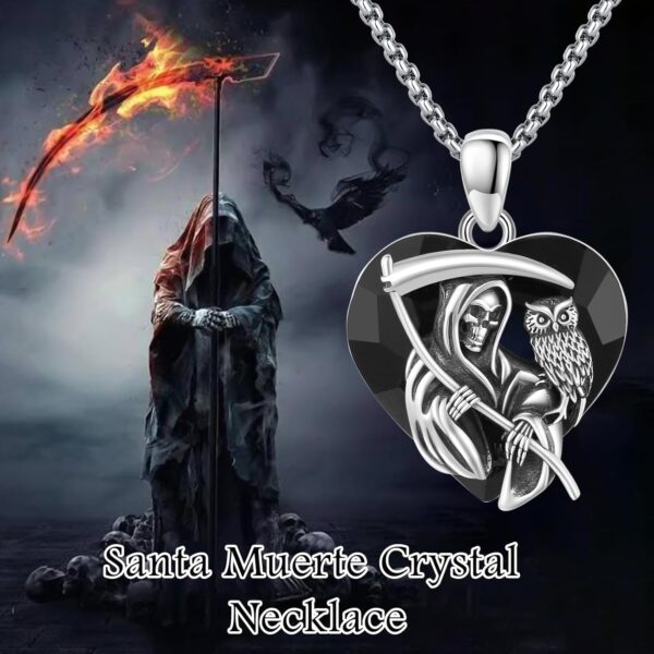 Santa Muerte Necklace for Men Sterling Silver Owl Skull Grim Reaper Pendant Heart Crystal Oxidation Skull Holy Death Scythe Aumelt Charm Necklace Jewelry Gifts for Father's Day Halloween Christmas - Image 5