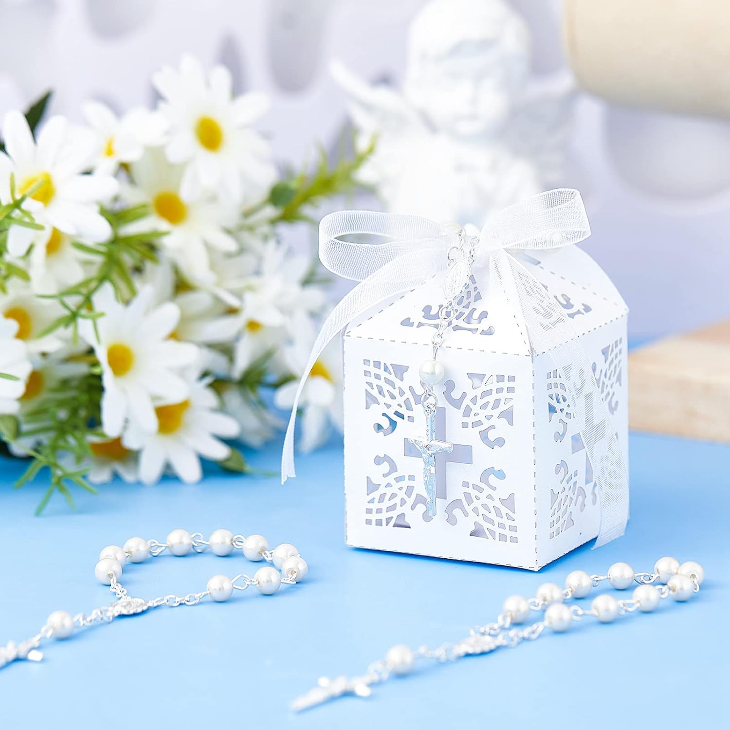 50 Packs Baptism Favors Set Acrylic Rosary Beads Faux Pearls with Organza Bags and Cross Baptism Favor Boxes Recuerdo De Boda Y Bautizo for Christening Weddings Party Favors(Silver Pearl Bracelet) - Image 3