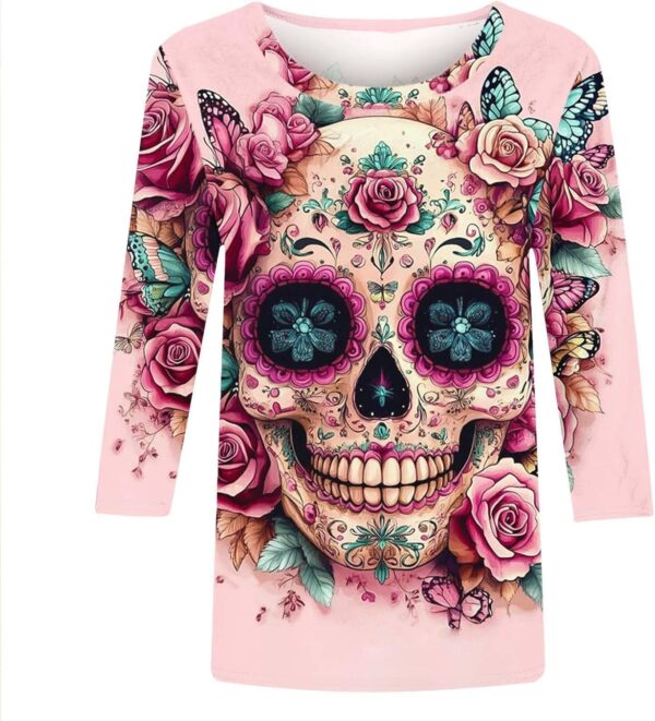 Día De Los Muertos Shirts for Women Mexican Day of Dead T-Shirts Fall 3/4 Sleeve Tunic Tops Crewneck Pullover Blouse - Image 3