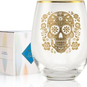 Onebttl Sugar Skull Gifts, Day of the Dead Gifts, 17 oz Stemless Wine Glass with Foil Stamping Pattern