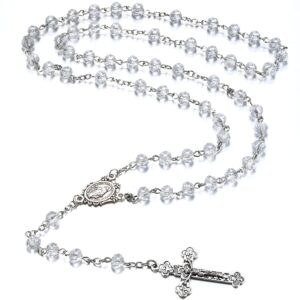Catholic Rosary Crystal Beads Necklace with with Miraculous Medal Cross Crucifix Rosaries Communion Rosary