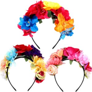 WILLBOND 3 Pcs Mexican Rose Flower Crown Headband Easter Mardi Gras Headpiece Cosplay Headgear for Party