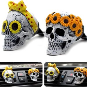 Sugar Skull Decor for Women Sunflower Air Fresheners Car Accessories Interior Aesthetic Dashboard Decorations Truck Stuff for Girls Cute Auto Charm Vent Clips Halloween Decors Christmas Gifts for Mom
