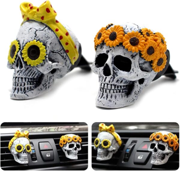 Sugar Skull Decor for Women Sunflower Air Fresheners Car Accessories Interior Aesthetic Dashboard Decorations Truck Stuff for Girls Cute Auto Charm Vent Clips Halloween Decors Christmas Gifts for Mom