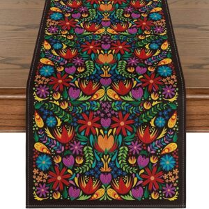 Artoid Mode Mexico Dia De Los Muertos Floral Fiesta Mexican Table Runner, Day of The Dead Kitchen Dining Table Decoration for Home Party Decor 13x36 Inch