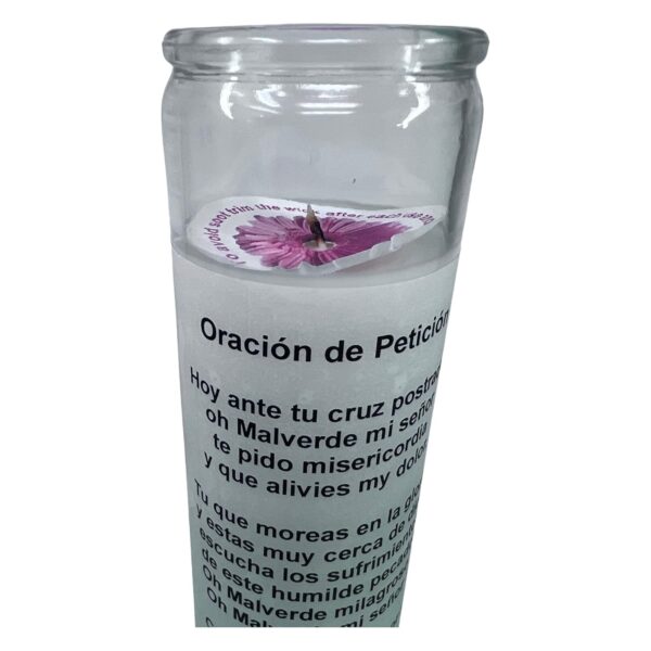 white Unscented prayer candle the generous vandit .Veladora de rezo Jesús Malverde oración de protección al reverso en español - Image 4