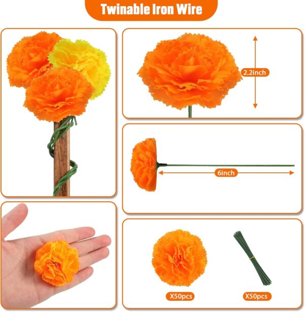 Artificial Marigold Flowers - 50 Pcs Halloween Decoration Orange Marigold Head Silk Fake Paper Flowers Garland Dia De Los Muertos Decor for Festival Backdrop (Orange) - Image 2