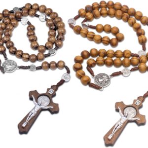 2 Pack Catholic Rosaries Handmade Wooden, Rosary Beads Necklace From Christian Prayer Holy Soil Medal & Metal Cross For Catholic Gift, brown, gray