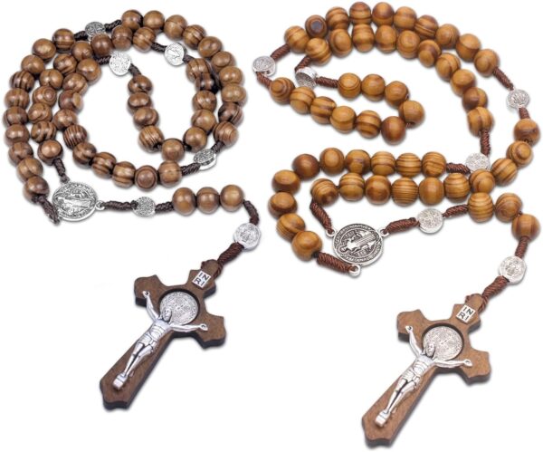 2 Pack Catholic Rosaries Handmade Wooden, Rosary Beads Necklace From Christian Prayer Holy Soil Medal & Metal Cross For Catholic Gift, brown, gray