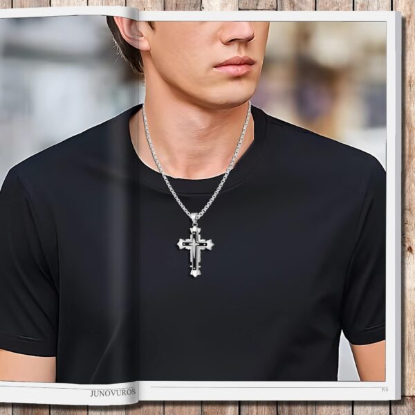 JUNOVUROS Stainless Steel Jesus Christ Cross Pendant Necklace for Men, 20 to 28 In Rolo/Byzantine Chain, 2 Sizes of Religious Jewelry with Silver/Gold/Black - Image 3