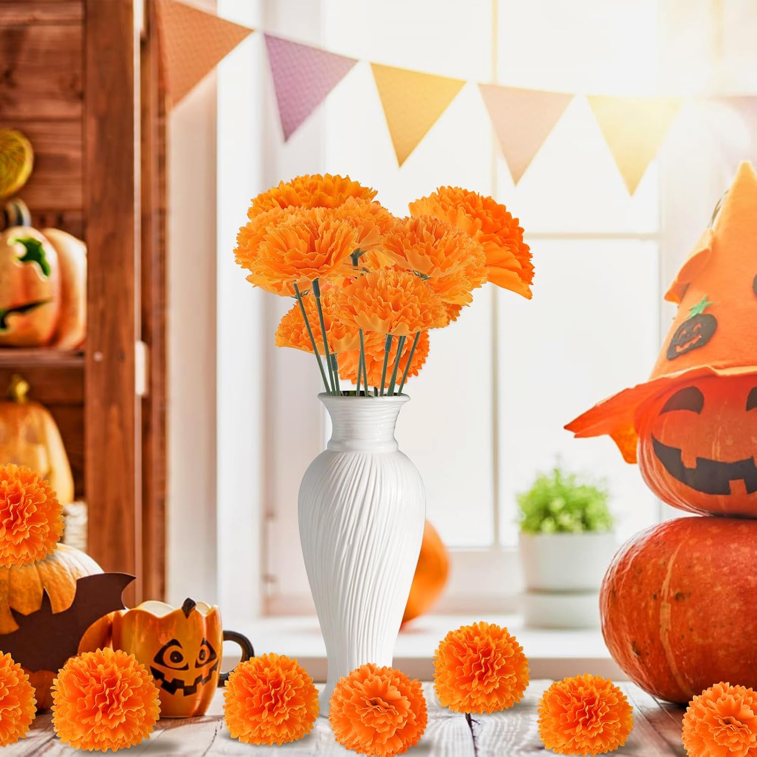 Hananona 50Pcs Artificial Marigold Flower Heads, Silk Marigold Heads Bulk Fake Flowers for Dia De Los Muertos Decor DIY Marigold Garland Day of The Dead Decorations - Image 8