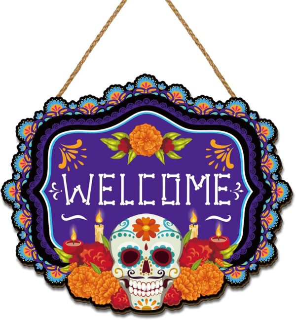 Day of The Dead Decorations Dia De Los Muertos Wooden Door Sign Mexican Sugar Skull Marigolds Floral Decor Day of The Dead Decorations for Home Party