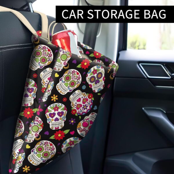 Car Trash Can, Cute Car Trash Bag, Hanging Car Organizer and Storage Bag, Trash Bin for Car Accessories, Vehicle, Travelling, Camping Sugar Skull Floral - Image 2