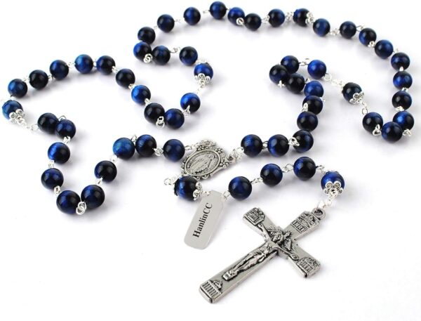 HanlinCC 8mm Natural Blue Tiger Eyes Gemstone Beads Miraculous 5 Dacade Rosary Necklace with Anti-Silver Catholic Crucifix Pack in Leather Gift Box - Image 2