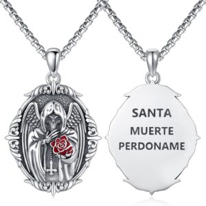 Cuoka Santa Muerte Necklace 925 Sterling Silver Grim Reaper Pendant Necklace,Retro Death Reaper Aumelt Chain Jewelry for Men