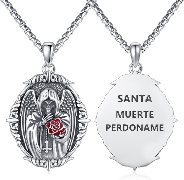 Cuoka Santa Muerte Necklace 925 Sterling Silver Grim Reaper Pendant Necklace,Retro Death Reaper Aumelt Chain Jewelry for Men