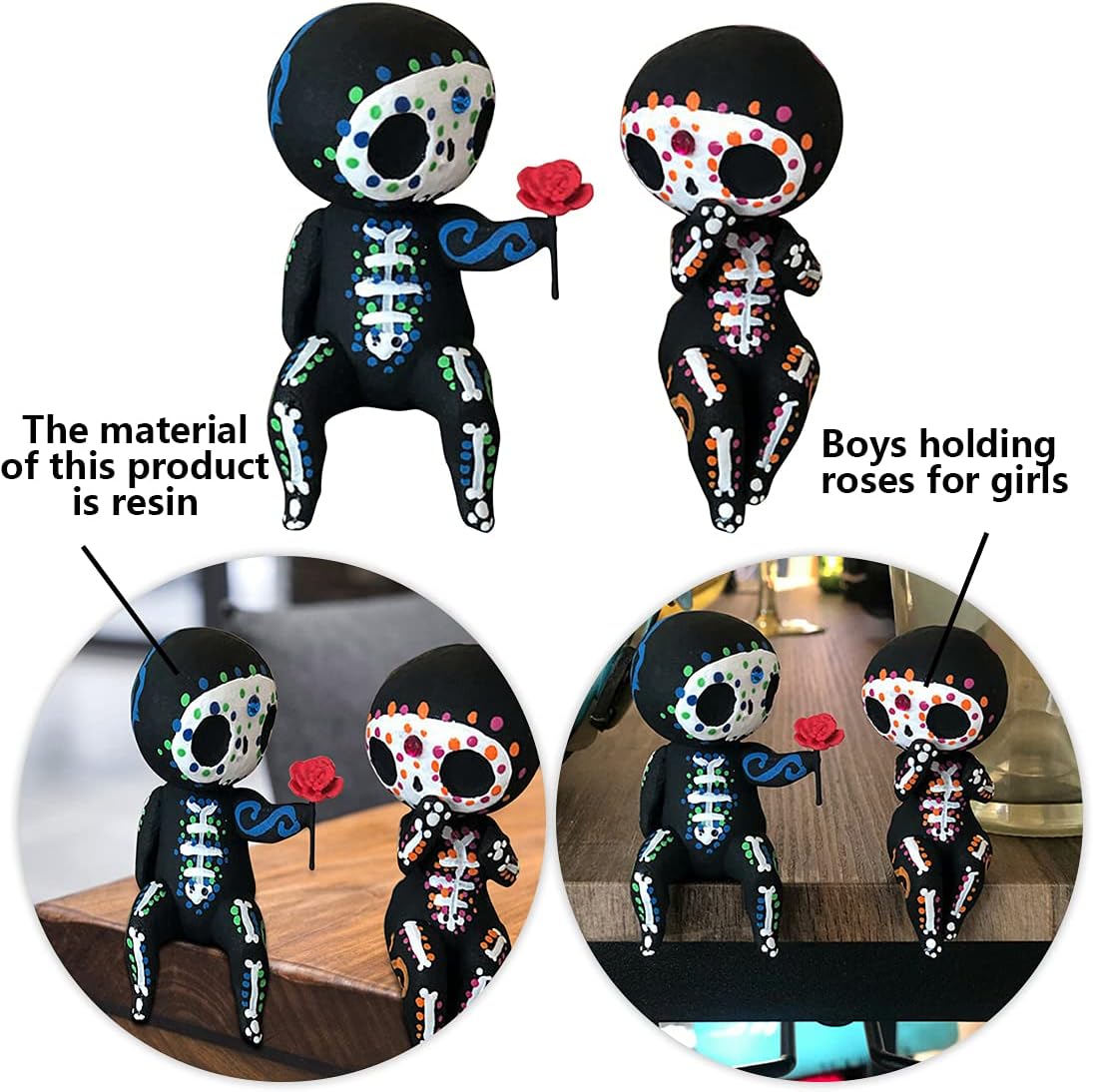 Valentine's Day Decor Sugar Skull Couple Figurine Statue Couples Cute Skeleton Mexican Halloween Day of The Dead Figurines(Lovers) - Image 5