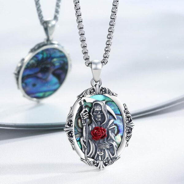 Santa Muerte Necklace 925 Sterling Silver Grim Reaper Medal Necklace Retro Death La Santa Muerte Necklace Jewelry for Men with Gifts Box - Image 2