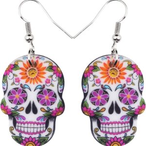 NEWEI Cute Halloween Sugar Skull Earrings Dangle Acrylic Day of the Dead Decor Gifts for Women Festival Charms
