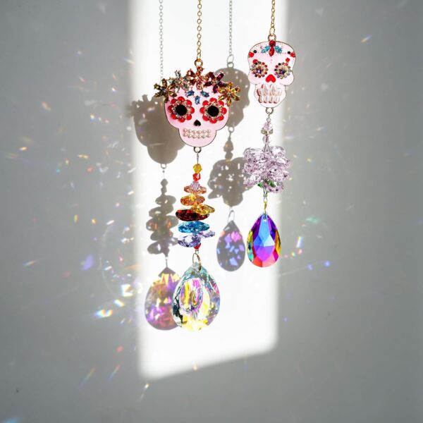 Skull-Shaped Colorful Rhinestones Pendant, Crystal Beads Chain with Glass Chandelier Suncatcher Drops Prisms Hang Ornament, Pack of 2 - Image 3