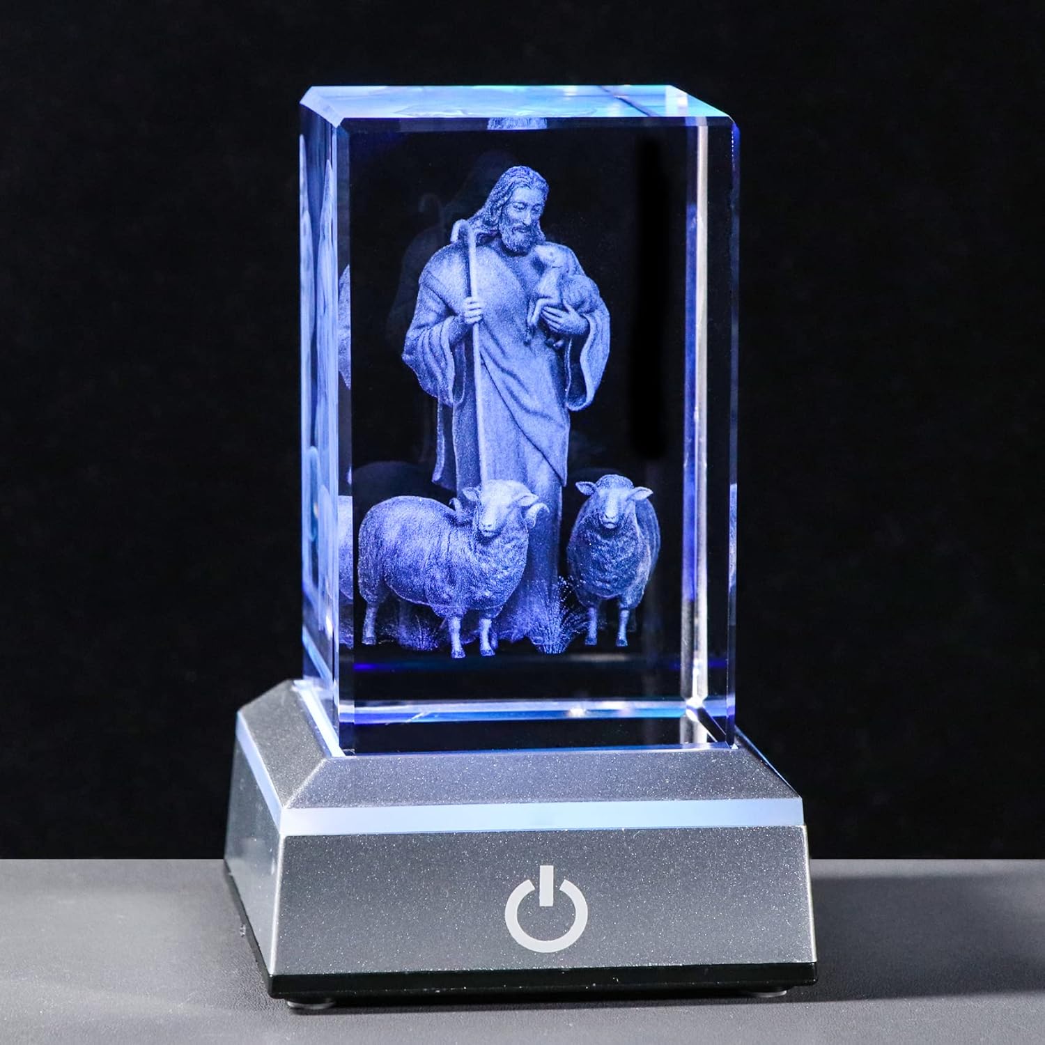 YWHL 3D Crystal Good Shepherd Statue with Colorful Base Laser Engraved Jesus Figurine for Religious Gifts for Women Men on Christmas, Christian Catholic Church Keepsakes