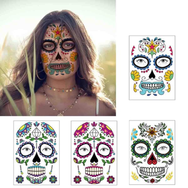 COKOHAPPY Halloween Temporary Face Tattoos Makeup Kit (13 Pack), Day of the Dead Sugar Skull Floral Black Skeleton Web Red Roses Full Face Mask Stickers Tattoo Families Party Supplies - Image 3