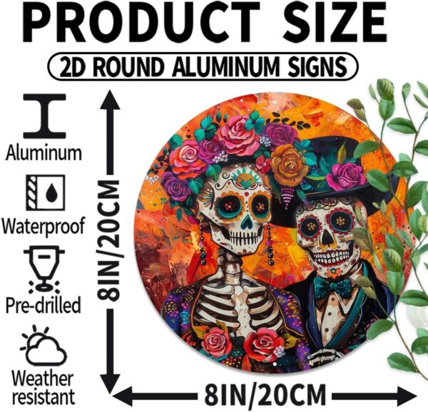 Lessons Day Of The Dead Sugar Skull Round Aluminum Sign Vintage Metal Tin Signs Yard Decor Sign For Home Living Room Autumn Wall Decor For Halloween Christmas 8x8 Inch - Image 2