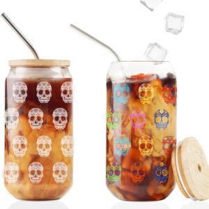 Onebttl Sugar Skull Gifts, Day of the Dead Gifts, Iced Color Changing 16oz Soda Can Glass with Bamboo Lid and Glass Straw, 16oz Skull Printed Beer Can Glasses