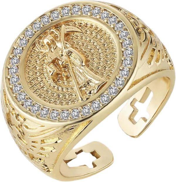 HZMAN Grim Reaper Ring for Men Women Retro Gothic 14K Gold Plated Santa Muerte Rings Wide Open Ring Jewelry Gift