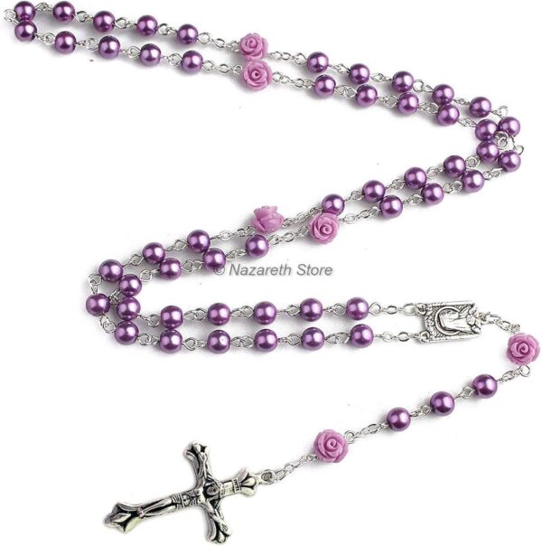 Nazareth Store Catholic Purple Pearl Beads Rosary Necklace Our Rose Lourdes Medal & Cross NS - Image 2