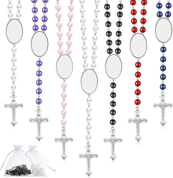 6 Sets Sublimation Blank Rosary Colorful Prayer Beads Heat Transfer Rosary Necklace Printable Sublimation Necklace with Organza Bags for Women Men Baptism DIY Memorial Gifts Making