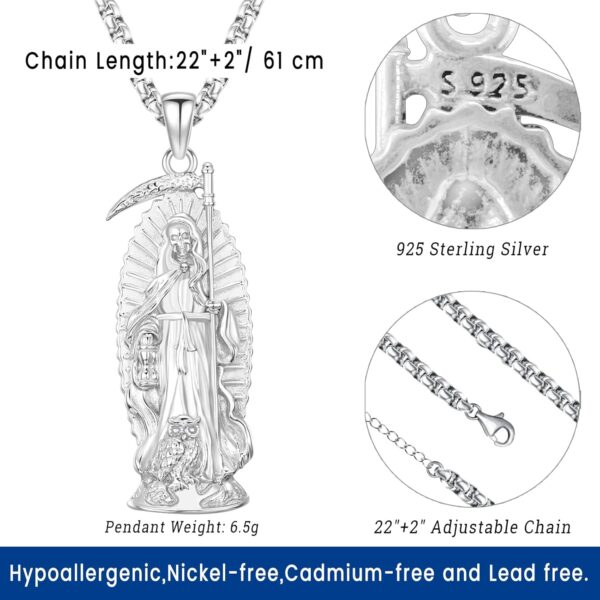 Eusense La Santa Muerte Necklace for Men Women - Gold 14K 925 Sterling Silver Jewelry Cadena De La Santa Muerte Pendant Grim Reaper Scythe Skull Owl Grim Reaper Necklace - Image 2