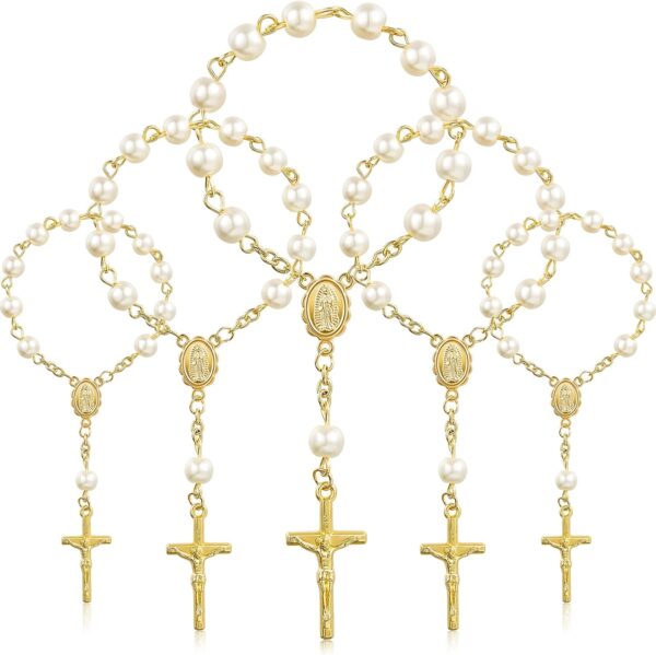 30 Pieces Baptism Rosary Acrylic Rosary Beads Finger Baptism Favors Rosaries Faux Pearls Christening Favors Communion Favors Weddings Party Favors (Ivory Pearl Gold Chain)