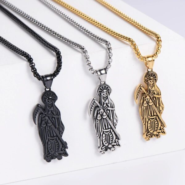 925 Sterling Silver Vintage La Santa Muerte Necklace For Women And Men - Holy Death's Pendant Necklace, Santa Muerte Pendant Necklace, Holy Saint Death Necklace Religious Jewelry For Women Men - Image 3