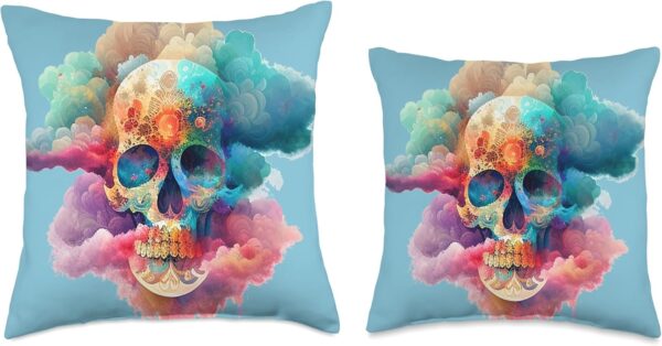 Watercolor Skull in Rainbow Clouds Dia De Los Muertos Art Throw Pillow, 16x16, Multicolor - Image 3