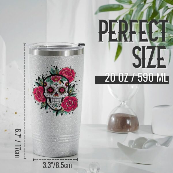 Onebttl Sugar Skull Gifts for Women, Day of the Dead, 20 oz Travel Tumbler with Lid, Brush, and Straw, Mexican Gifts, Silver Glitter - Image 3