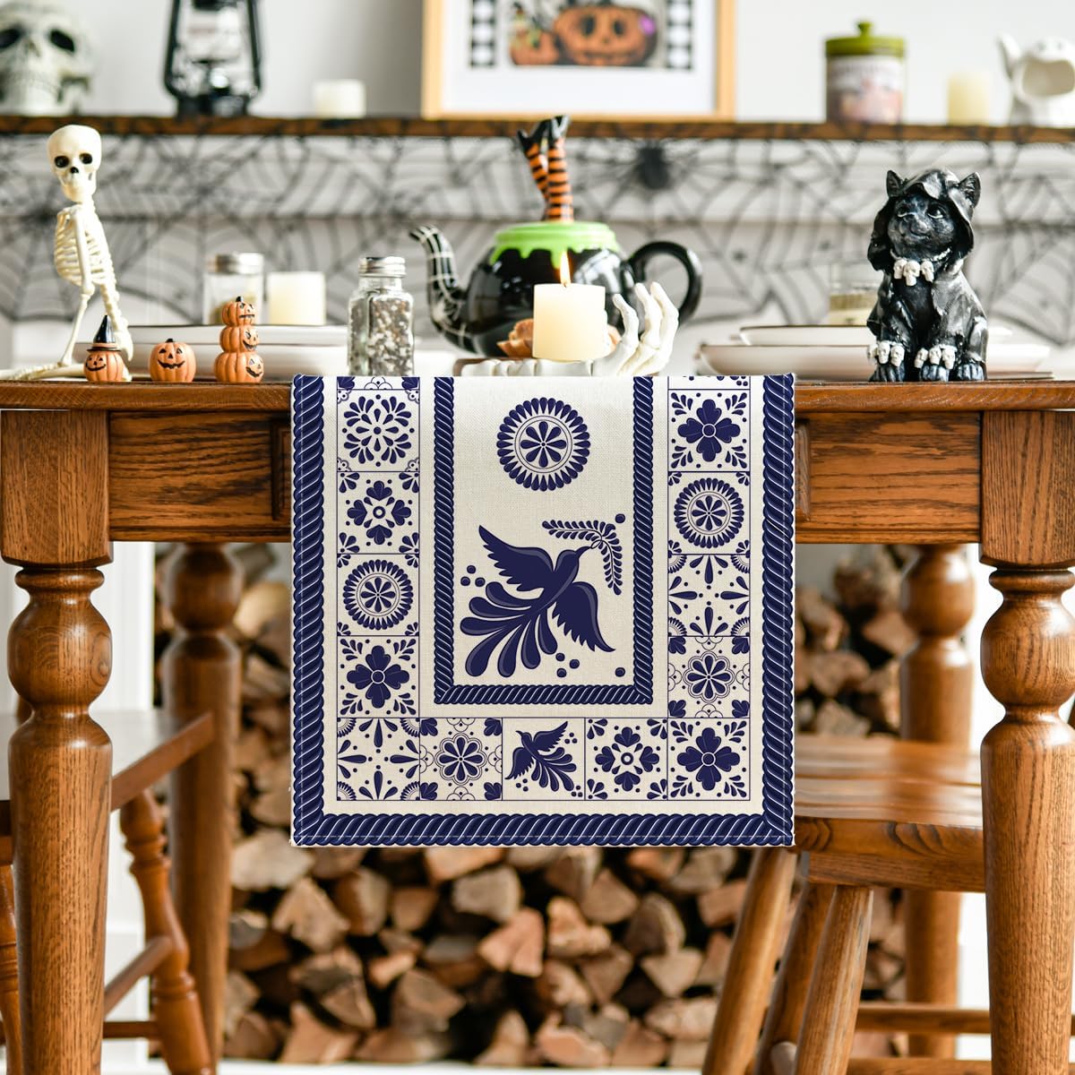 Artoid Mode Floral Bird Dia De Los Muertos Mexican Table Runner, Blue Patchwork Tiles Kitchen Dining Table Decoration for Home Party Decor 13x72 Inch - Image 2