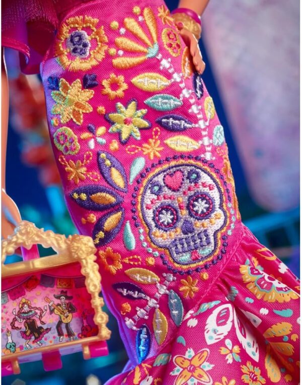 Barbie Signature Fashion Doll, 2023 Dia de Muertos Collectible Wearing Ruffled Pink Gown & Holding Tiny Ofrenda, Includes Doll Stand - Image 8